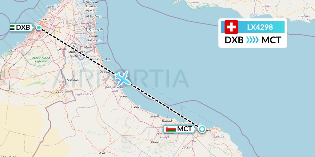 LX4298 Swiss Flight Map: Dubai to Muscat