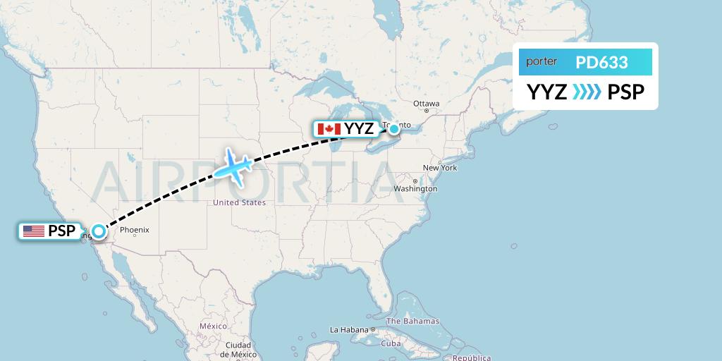 PD633 Porter Airlines Flight Map: Toronto to Palm Springs