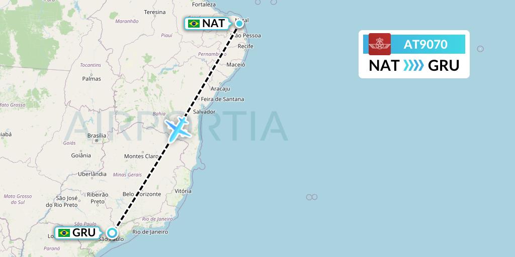 AT9070 Royal Air Maroc Flight Map: Natal to Sao Paulo