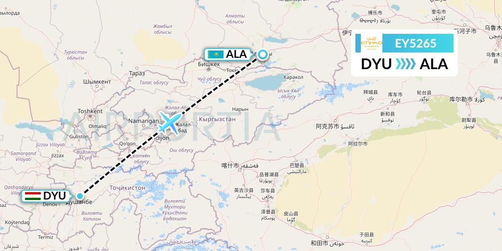 EY5265 Etihad Airways Flight Map: Dushanbe to Almaty