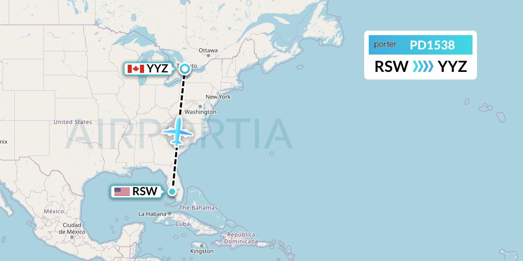PD1538 Porter Airlines Flight Map: Fort Myers to Toronto