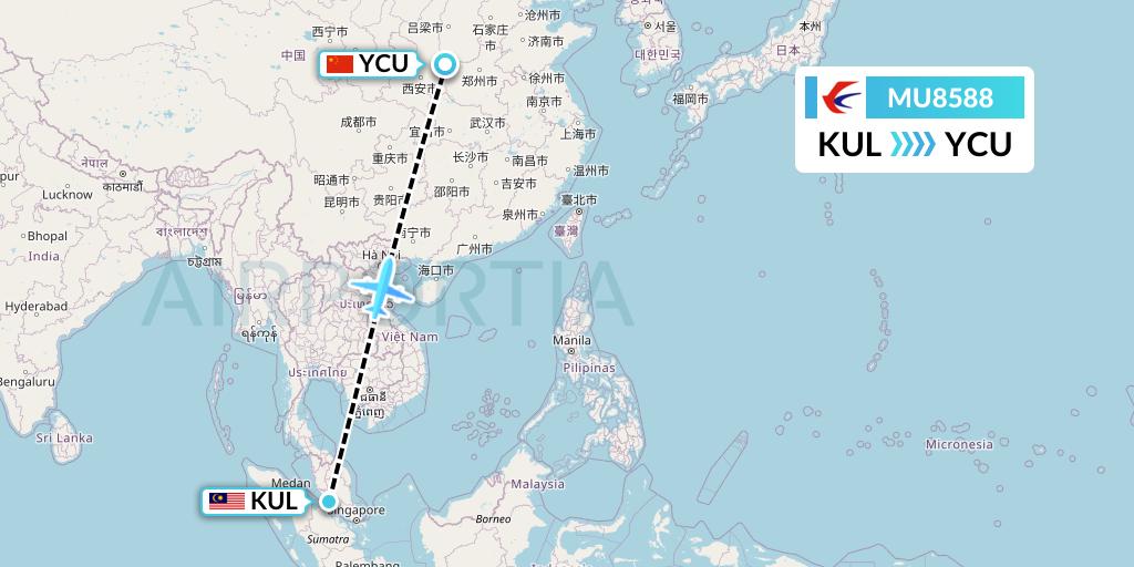 MU8588 China Eastern Airlines Flight Map: Kuala Lumpur to Yuncheng