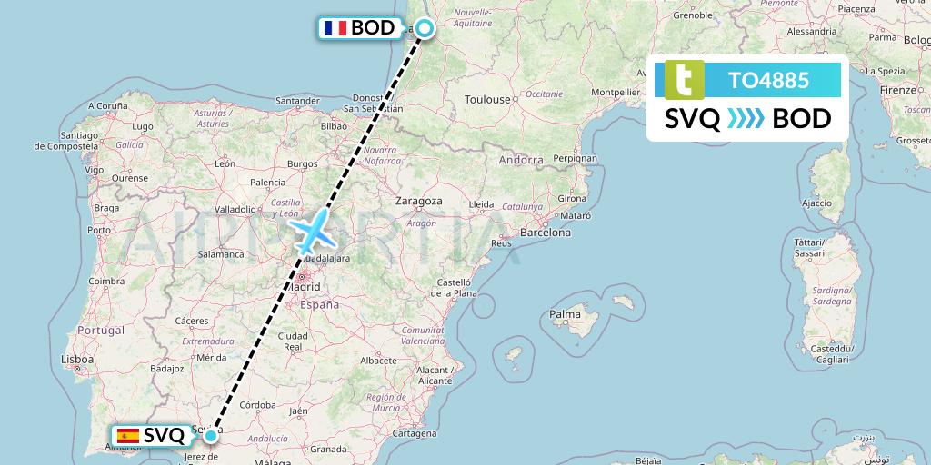 TO4885 Transavia France Flight Map: Seville to Bordeaux