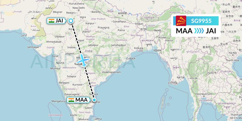 SG9955 SpiceJet Flight Map: Chennai to Jaipur