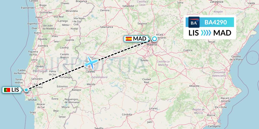 BA4290 British Airways Flight Map: Lisbon to Madrid