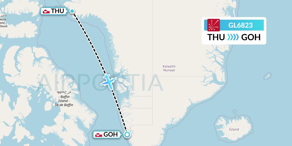 GL6823 Air Greenland Flight Map: Pituffik to Nuuk