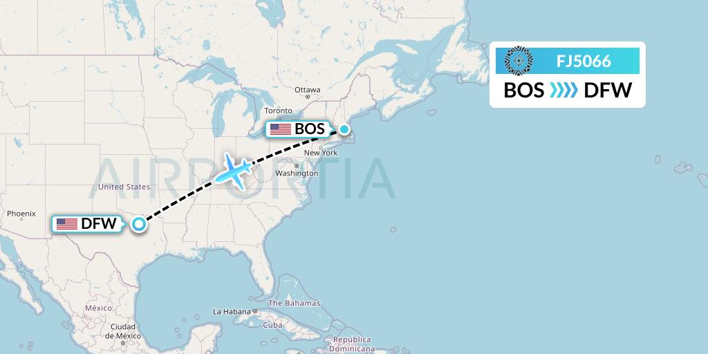 FJ5066 Fiji Airways Flight Map: Boston to Dallas
