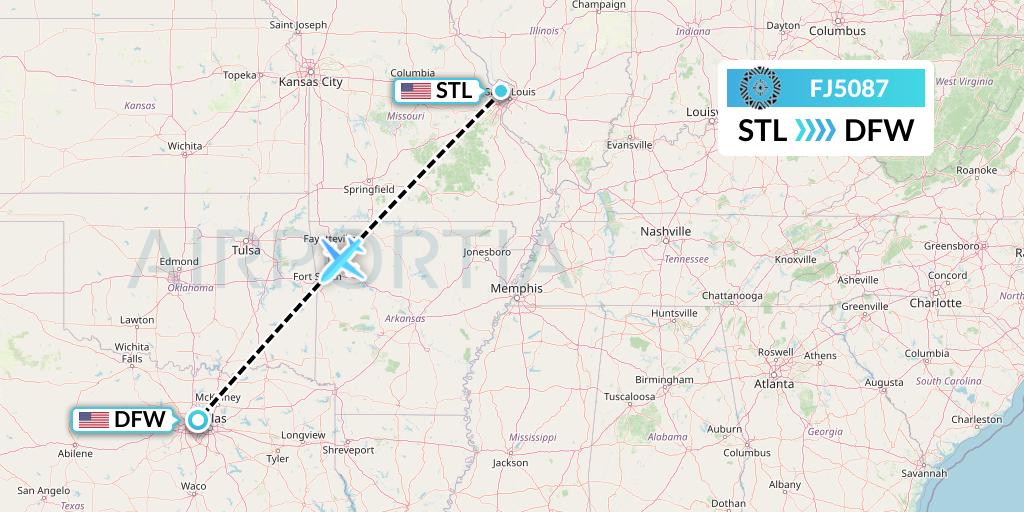 FJ5087 Fiji Airways Flight Map: St. Louis to Dallas