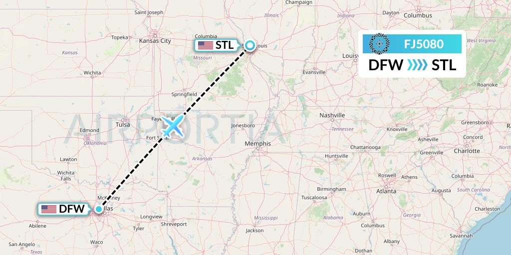 FJ5080 Fiji Airways Flight Map: Dallas to St. Louis