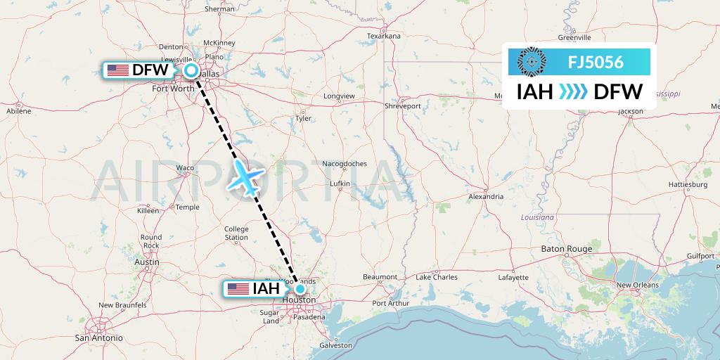 FJ5056 Fiji Airways Flight Map: Houston to Dallas