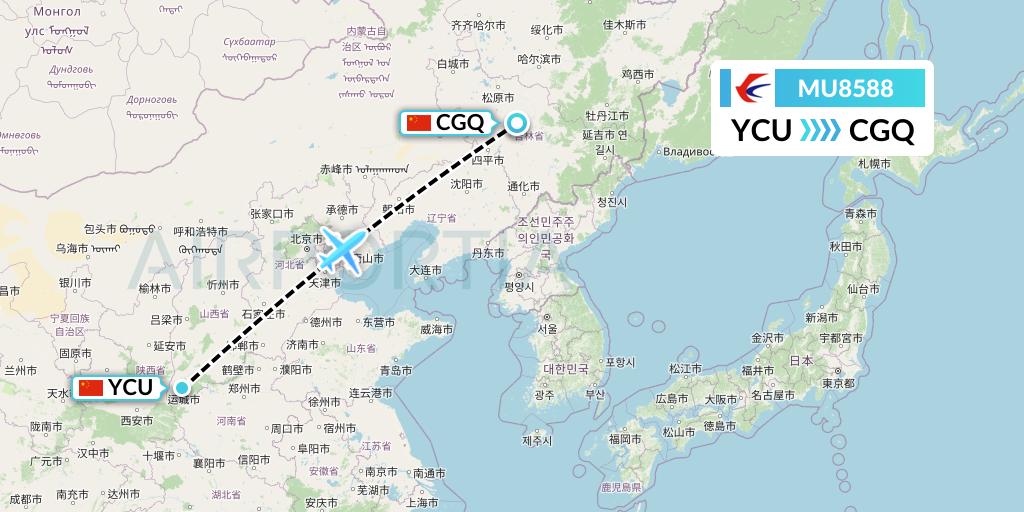 MU8588 China Eastern Airlines Flight Map: Yuncheng to Changchun