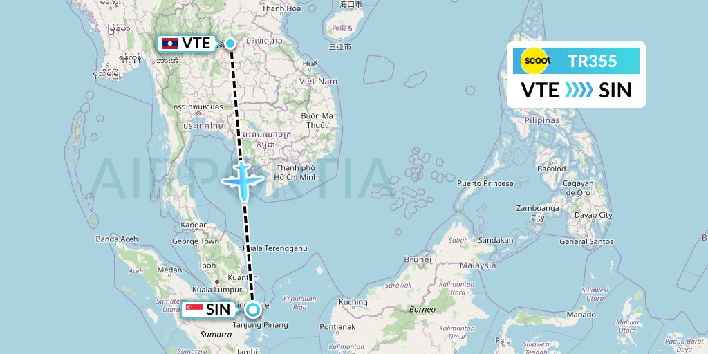 TR355 Tigerair Flight Map: Vientiane to Singapore
