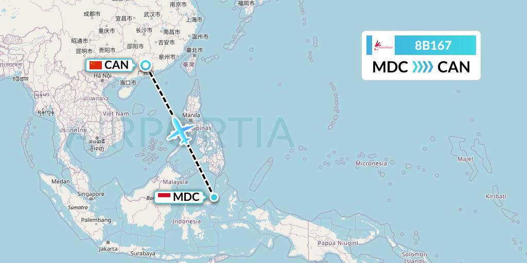 8B167 TransNusa Flight Map: Manado to Guangzhou