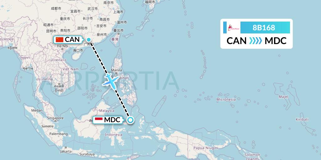 8B168 TransNusa Flight Map: Guangzhou to Manado