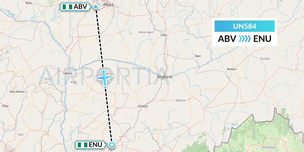 UN584 United Nigeria Airlines Flight Map: Abuja to Enugu