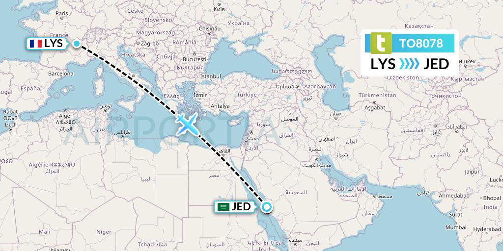 TO8078 Transavia France Flight Map: Lyon to Jeddah