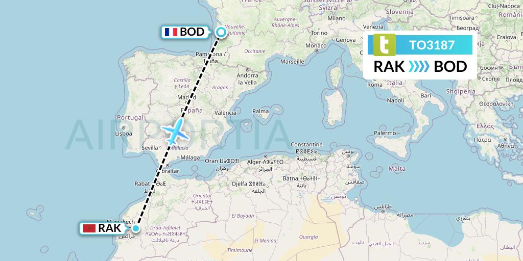 TO3187 Transavia France Flight Map: Marrakesh to Bordeaux