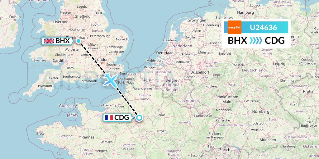 U24636 EasyJet Flight Map: Birmingham to Paris