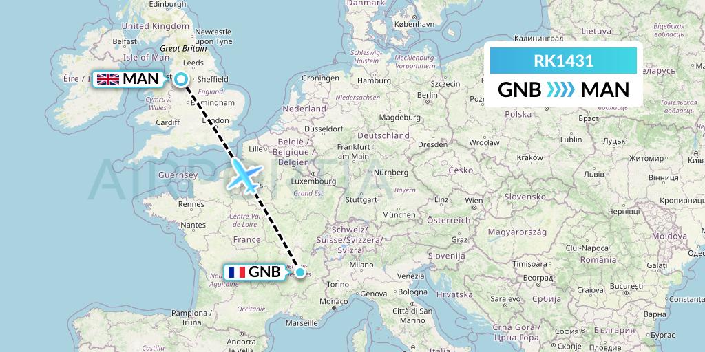 RK1431 Ryanair UK Flight Map: Grenoble to Manchester