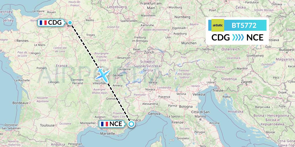 BT5772 Air Baltic Flight Map: Paris to Nice