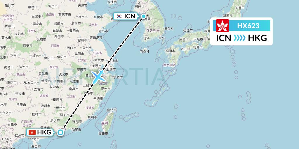 HX623 Hong Kong Airlines Flight Map: Seoul to Hong Kong