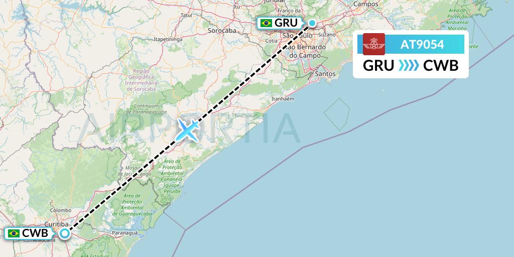 AT9054 Royal Air Maroc Flight Map: Sao Paulo to Curitiba