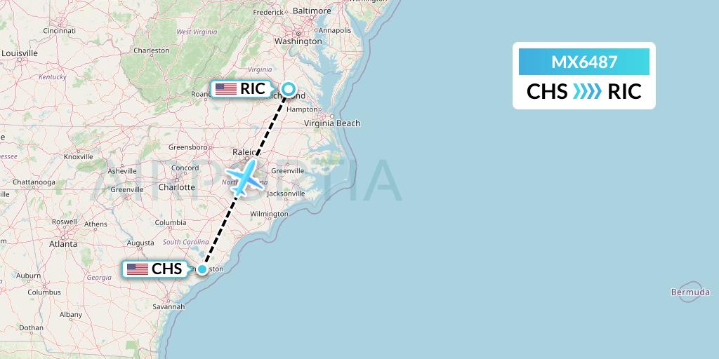 MX6487 Breeze Airways Flight Map: Charleston to Richmond