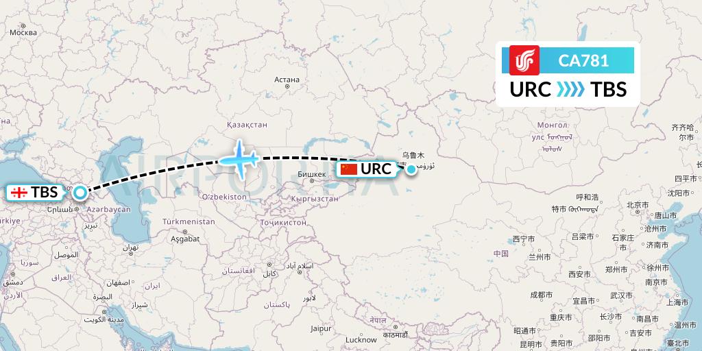 CA781 Air China Flight Map: Urumqi to Tbilisi