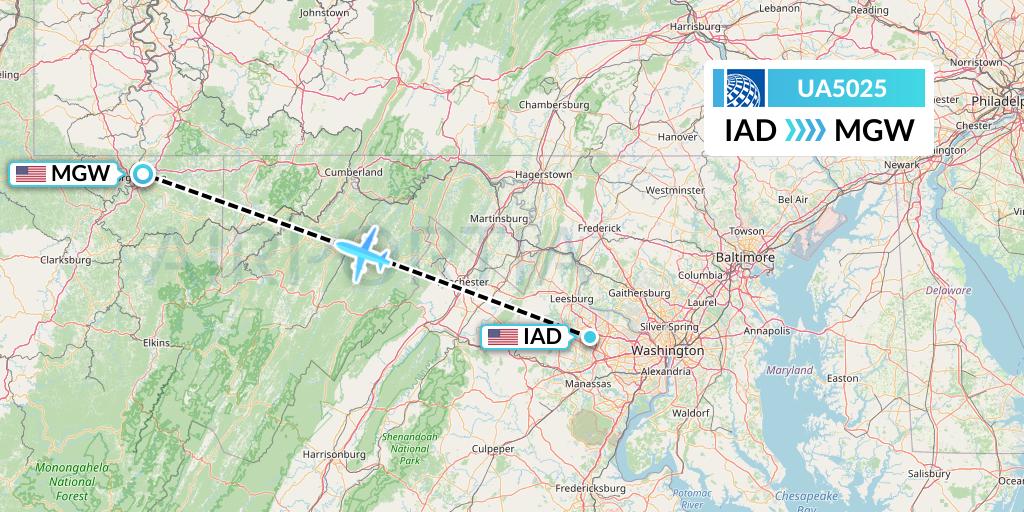 UA5025 United Airlines Flight Map: Washington to Morgantown