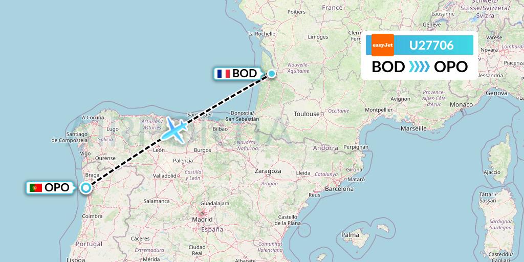 U27706 EasyJet Flight Map: Bordeaux to Porto
