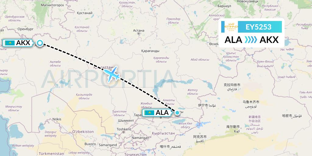 EY5253 Etihad Airways Flight Map: Almaty to Aktobe