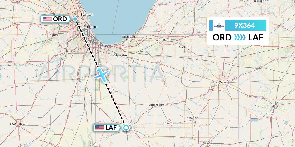 9X364 Southern Airways Express Flight Map: Chicago to Lafayette