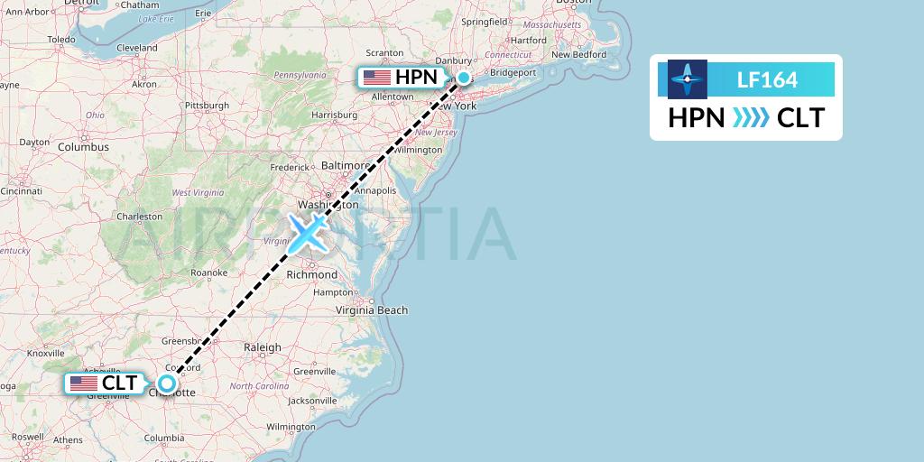 LF164 Corporate Flight Management Flight Map: White Plains to Charlotte