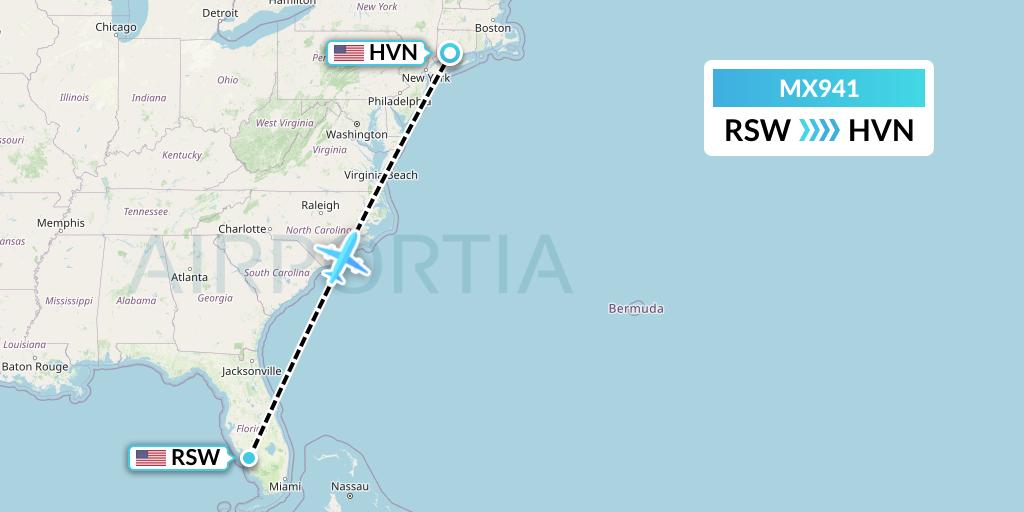 MX941 Breeze Airways Flight Map: Fort Myers to New Haven