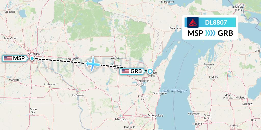 DL8807 Delta Air Lines Flight Map: Minneapolis to Green Bay
