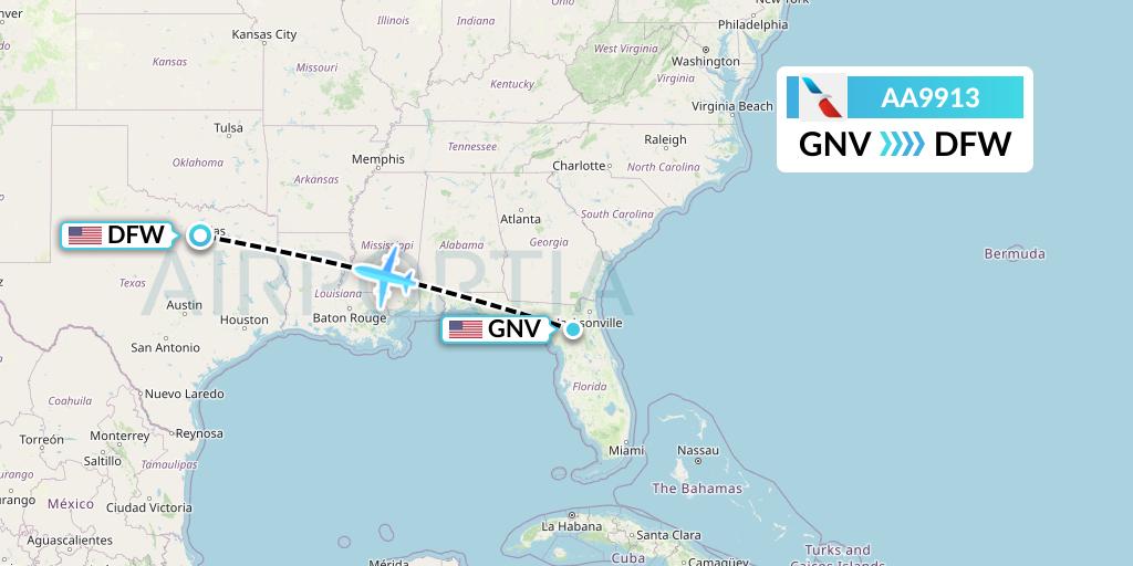 AA9913 American Airlines Flight Map: Gainesville to Dallas