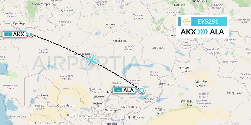 EY5251 Etihad Airways Flight Map: Aktobe to Almaty