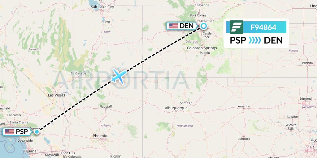 F94864 Frontier Airlines Flight Map: Palm Springs to Denver