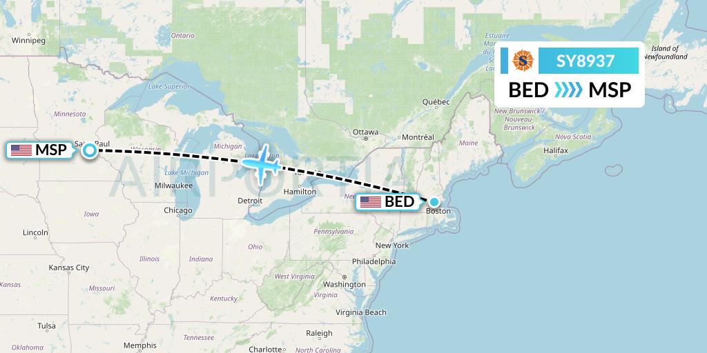 SY8937 Sun Country Airlines Flight Map: Bedford to Minneapolis