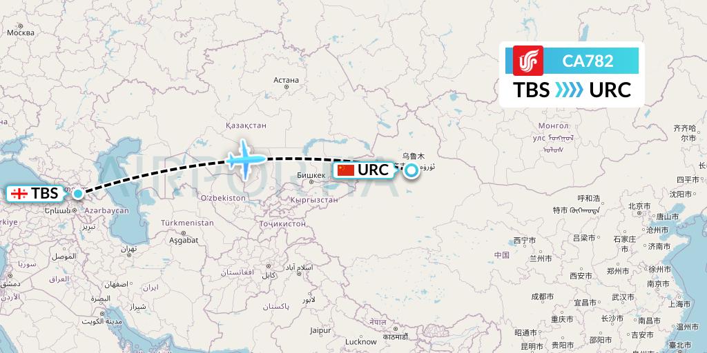 CA782 Air China Flight Map: Tbilisi to Urumqi