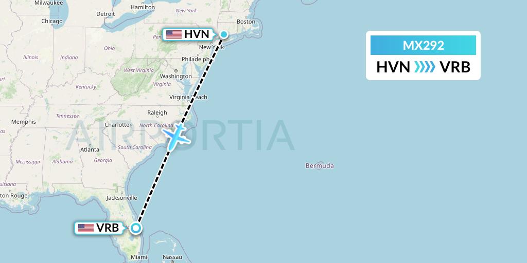 MX292 Breeze Airways Flight Map: New Haven to Vero Beach