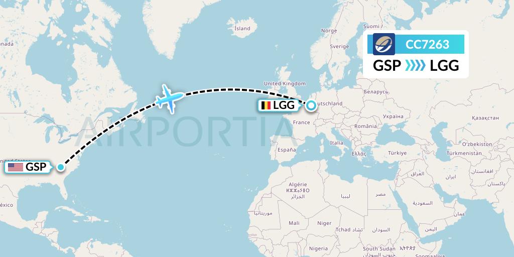 CC7263 CM Airlines Flight Map: Greenville-Spartanburg to Liege