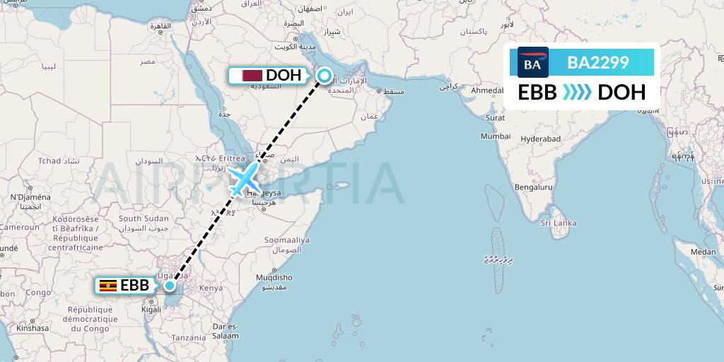 BA2299 British Airways Flight Map: Entebbe to Doha