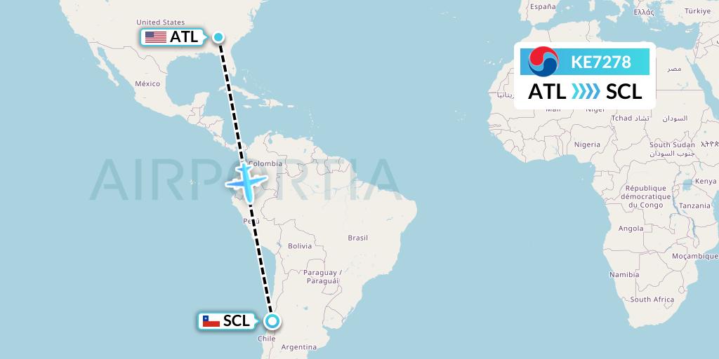 KE7278 Korean Air Flight Map: Atlanta to Santiago