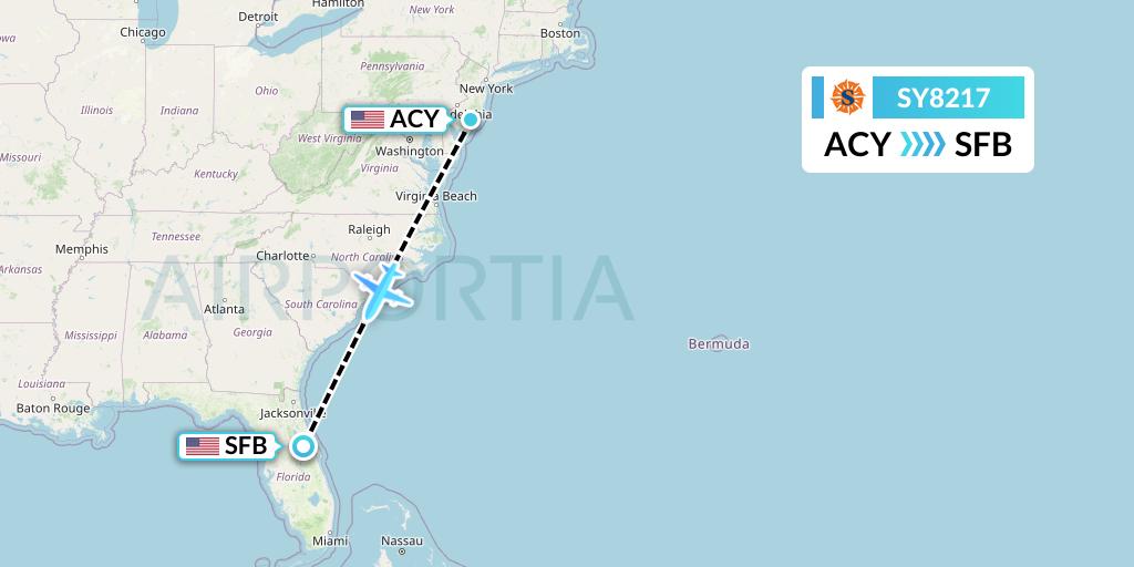 SY8217 Sun Country Airlines Flight Map: Atlantic City to Orlando