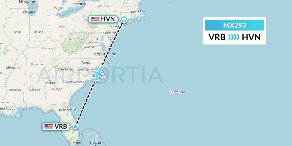 MX293 Breeze Airways Flight Map: Vero Beach to New Haven