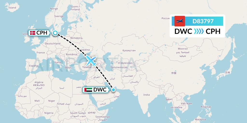 D83797 Norwegian Air International Flight Map: Dubai to Copenhagen
