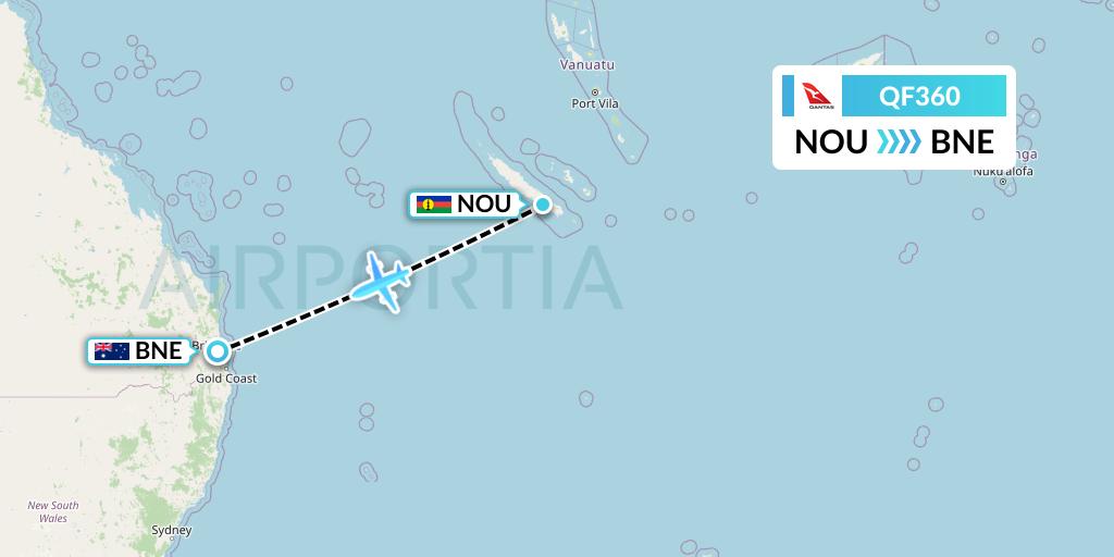 QF360 Qantas Flight Map: Noumea to Brisbane