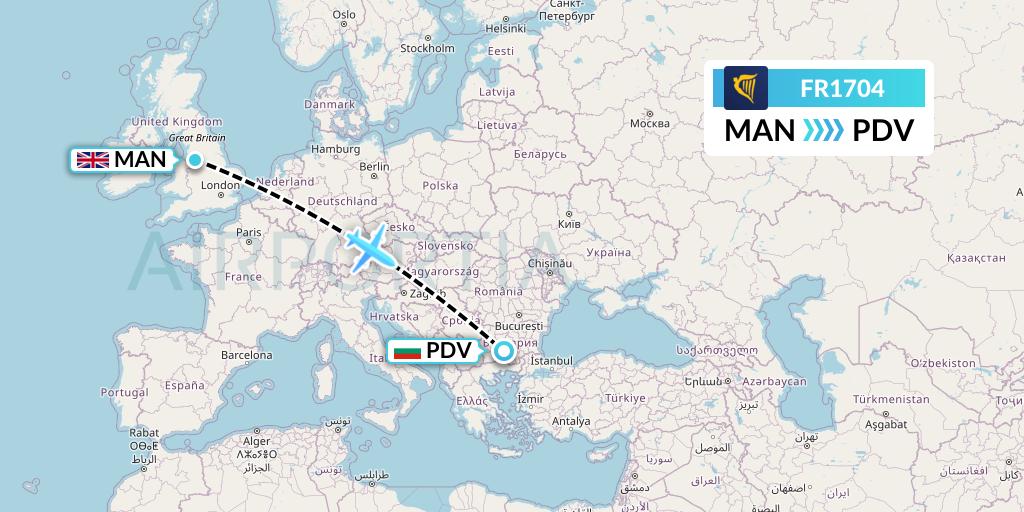 FR1704 Ryanair Flight Map: Manchester to Plovdiv