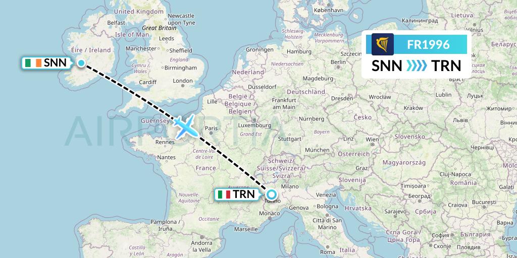 FR1996 Ryanair Flight Map: Shannon to Turin